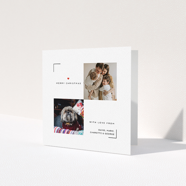 A personalised christmas card design named 'Christmas Special'. It is a square (148mm x 148mm) card in a square orientation. It is a photographic personalised christmas card with room for 2 photos. 'Christmas Special' is available as a folded card, with tones of white and red.