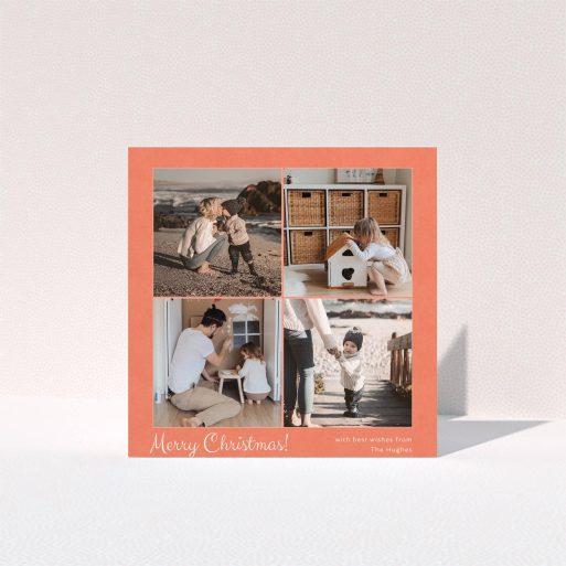 A personalised christmas card design called "Clementine Christmas Card". It is a square (148mm x 148mm) card in a square orientation. It is a photographic personalised christmas card with room for 4 photos. "Clementine Christmas Card" is available as a folded card, with tones of red and white.