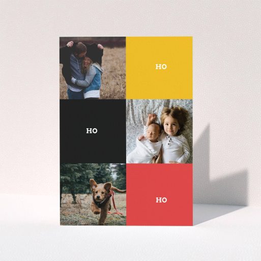 A personalised christmas card template titled "Contemporary Christmas". It is an A5 card in a portrait orientation. It is a photographic personalised christmas card with room for 3 photos. "Contemporary Christmas" is available as a folded card, with tones of black, red and yellow.