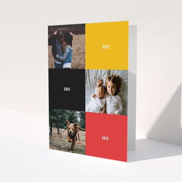 A personalised christmas card template titled 'Contemporary Christmas'. It is an A5 card in a portrait orientation. It is a photographic personalised christmas card with room for 3 photos. 'Contemporary Christmas' is available as a folded card, with tones of black, red and yellow.
