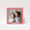 A personalised christmas card called "Deco Candy-cane". It is a square (148mm x 148mm) card in a square orientation. It is a photographic personalised christmas card with room for 1 photo. "Deco Candy-cane" is available as a folded card, with tones of red and white.