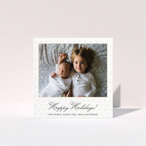 A personalised christmas card called "Elegant Gold Decoration". It is a square (148mm x 148mm) card in a square orientation. It is a photographic personalised christmas card with room for 1 photo. "Elegant Gold Decoration" is available as a folded card, with mainly gold colouring.