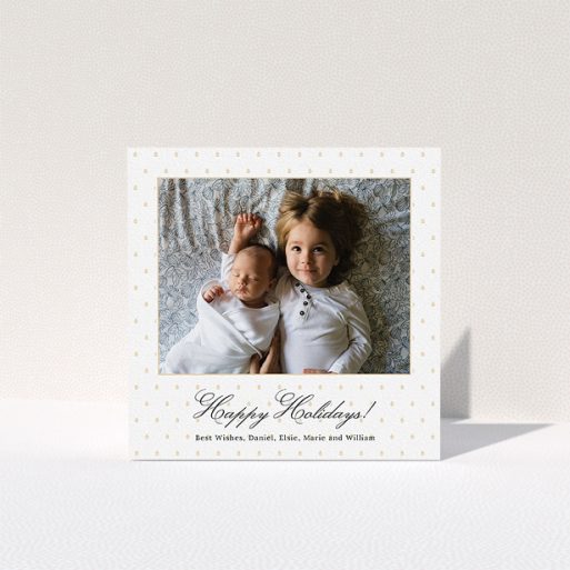 A personalised christmas card called "Elegant Gold Decoration". It is a square (148mm x 148mm) card in a square orientation. It is a photographic personalised christmas card with room for 1 photo. "Elegant Gold Decoration" is available as a folded card, with mainly gold colouring.