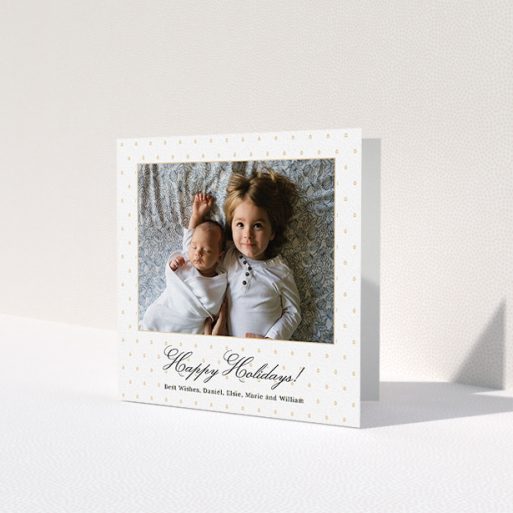 A personalised christmas card called 'Elegant Gold Decoration'. It is a square (148mm x 148mm) card in a square orientation. It is a photographic personalised christmas card with room for 1 photo. 'Elegant Gold Decoration' is available as a folded card, with mainly gold colouring.