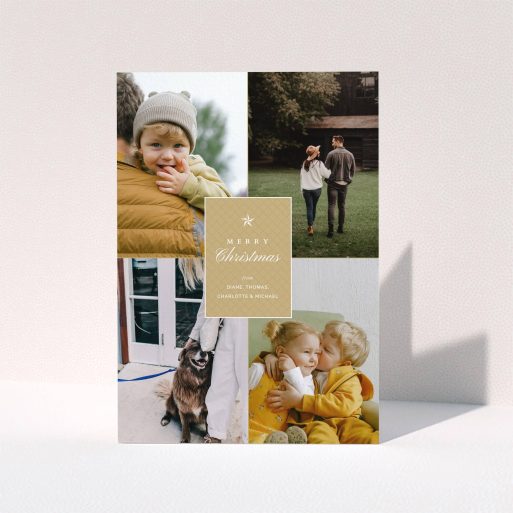 A personalised christmas card design called "Elegant Gold". It is an A5 card in a portrait orientation. It is a photographic personalised christmas card with room for 4 photos. "Elegant Gold" is available as a folded card, with tones of gold and white.