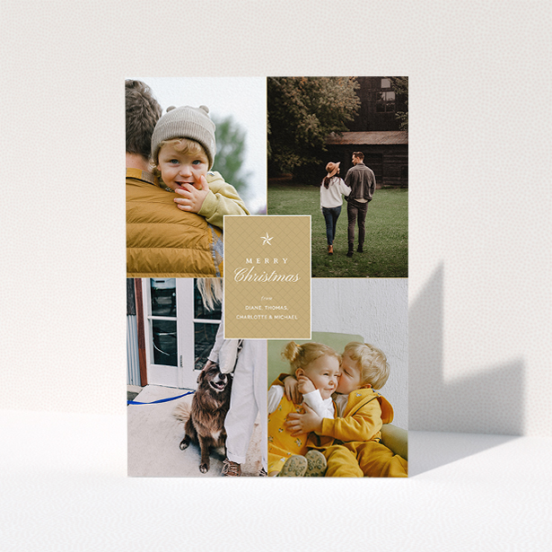 A personalised christmas card design called "Elegant Gold". It is an A5 card in a portrait orientation. It is a photographic personalised christmas card with room for 4 photos. "Elegant Gold" is available as a folded card, with tones of gold and white.