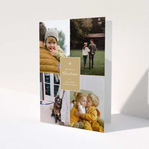A personalised christmas card design called 'Elegant Gold'. It is an A5 card in a portrait orientation. It is a photographic personalised christmas card with room for 4 photos. 'Elegant Gold' is available as a folded card, with tones of gold and white.