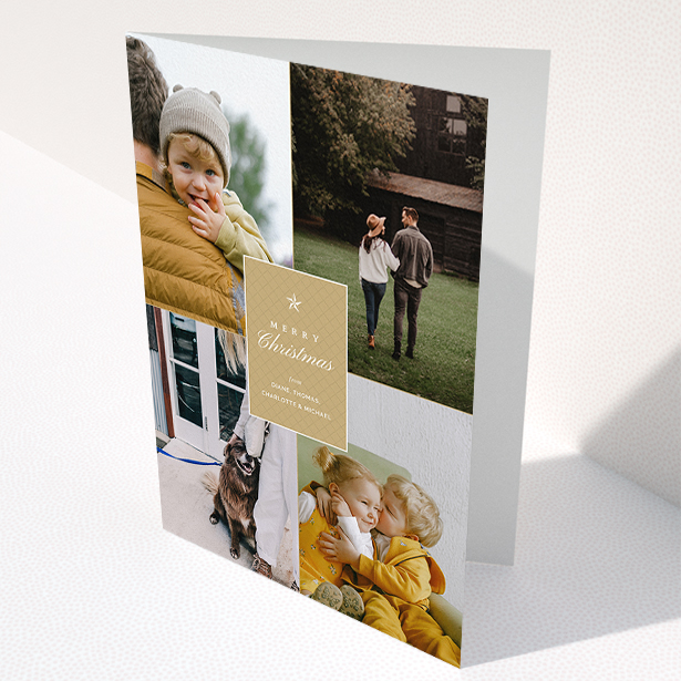 A personalised christmas card design called "Elegant Gold". It is an A5 card in a portrait orientation. It is a photographic personalised christmas card with room for 4 photos. "Elegant Gold" is available as a folded card, with tones of gold and white.