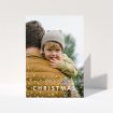 A personalised christmas card called "Falling Snow Photo". It is an A5 card in a portrait orientation. It is a photographic personalised christmas card with room for 1 photo. "Falling Snow Photo" is available as a folded card, with mainly white colouring.