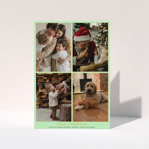 A personalised christmas card design called "Golden Green Christmas ". It is an A5 card in a portrait orientation. It is a photographic personalised christmas card with room for 4 photos. "Golden Green Christmas " is available as a folded card, with tones of green and gold.
