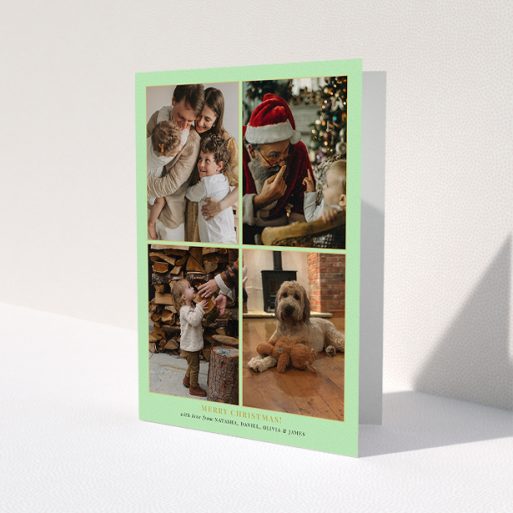 A personalised christmas card design called 'Golden Green Christmas '. It is an A5 card in a portrait orientation. It is a photographic personalised christmas card with room for 4 photos. 'Golden Green Christmas ' is available as a folded card, with tones of green and gold.