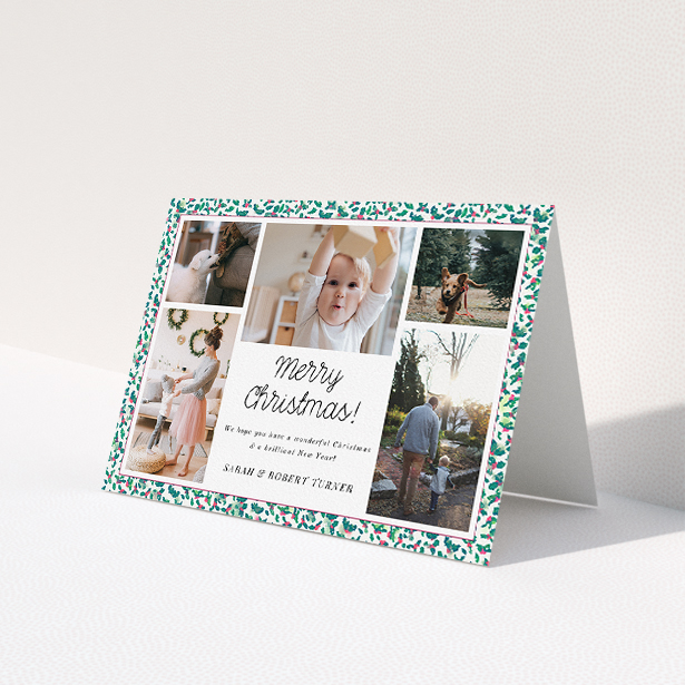 A personalised christmas card template titled 'Holly Border'. It is an A5 card in a landscape orientation. It is a photographic personalised christmas card with room for 5 photos. 'Holly Border' is available as a folded card, with tones of green, red and white.