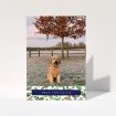 A personalised christmas card design named "Holly Bottom". It is an A5 card in a portrait orientation. It is a photographic personalised christmas card with room for 1 photo. "Holly Bottom" is available as a folded card, with tones of navy blue, red and green.