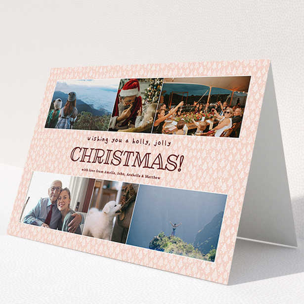 A personalised christmas card named "Pink Forrest". It is an A5 card in a landscape orientation. It is a photographic personalised christmas card with room for 6 photos. "Pink Forrest" is available as a folded card, with mainly pink colouring.