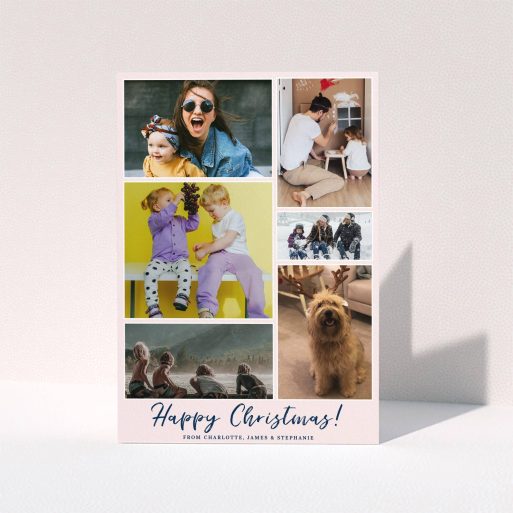 A personalised christmas card template titled "Round Up The Year". It is an A5 card in a portrait orientation. It is a photographic personalised christmas card with room for 6 photos. "Round Up The Year" is available as a folded card, with mainly pink colouring.