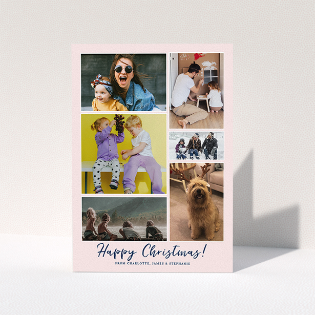 A personalised christmas card template titled "Round Up The Year". It is an A5 card in a portrait orientation. It is a photographic personalised christmas card with room for 6 photos. "Round Up The Year" is available as a folded card, with mainly pink colouring.