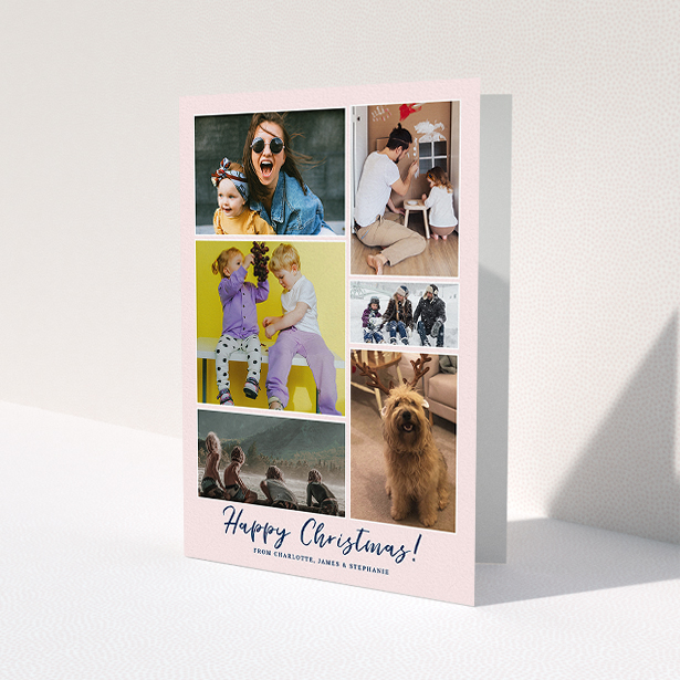 A personalised christmas card template titled 'Round Up The Year'. It is an A5 card in a portrait orientation. It is a photographic personalised christmas card with room for 6 photos. 'Round Up The Year' is available as a folded card, with mainly pink colouring.