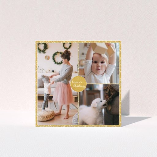 A personalised christmas card design titled "Sparkling Gold". It is a square (148mm x 148mm) card in a square orientation. It is a photographic personalised christmas card with room for 3 photos. "Sparkling Gold" is available as a folded card, with tones of gold and white.