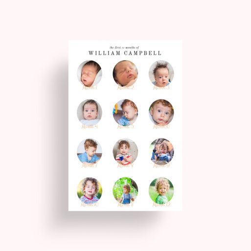 Photo of a personalised photo poster called 'Month by Month'. It is A4 in size, in a Portrait orientation. It has space for 12 photos.