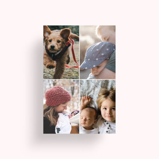Photo of a personalised photo poster called 'Quad'. It is A4 in size, in a Portrait orientation. It has space for 4 photos.