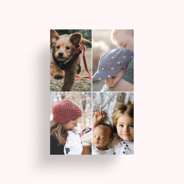 Photo of a personalised photo poster called 'Quad'. It is A4 in size, in a Portrait orientation. It has space for 4 photos.