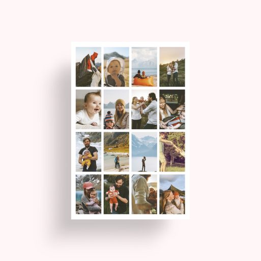 Photo of a personalised photo poster called 'Spectrum of Moments'. It is A4 in size, in a Portrait orientation. It has space for 16 photos.