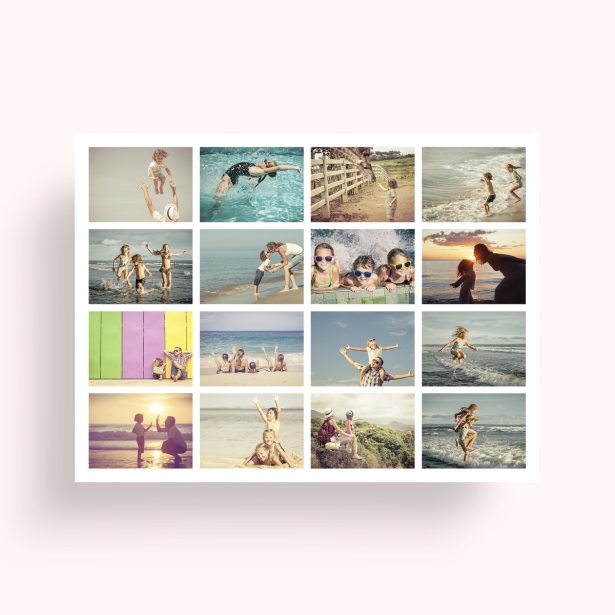 Photo of a personalised photo poster called 'Jumble'. It is A4 in size, in a Landscape orientation. It has space for 16 photos.