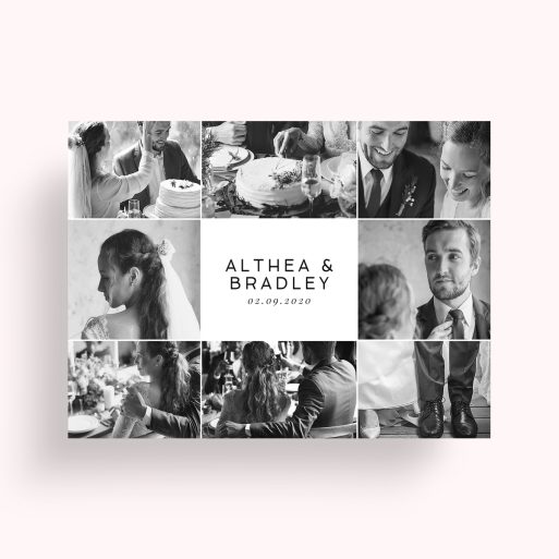 Photo of a personalised photo poster called 'Nuptial Collage'. It is A4 in size, in a Landscape orientation. It has space for 8 photos.