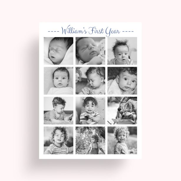 Photo of a personalised photo poster called '12 months and counting'. It is A4 in size, in a Portrait orientation. It has space for 12 photos.