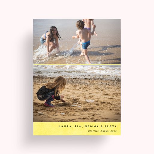 Photo of a personalised photo poster called 'Bright Yellow'. It is A4 in size, in a Portrait orientation. It has space for 2 photos.