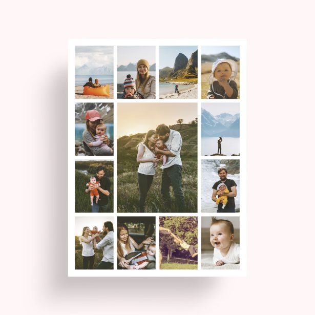 Photo of a personalised photo poster called 'Melody of Memories'. It is A4 in size, in a Portrait orientation. It has space for 13 photos.