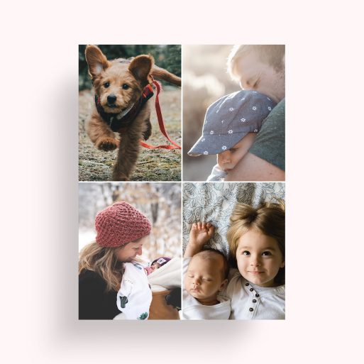 Photo of a personalised photo poster called 'Quad'. It is A4 in size, in a Portrait orientation. It has space for 4 photos.