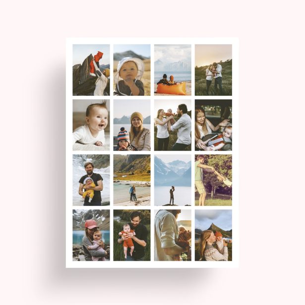 Photo of a personalised photo poster called 'Spectrum of Moments'. It is A4 in size, in a Portrait orientation. It has space for 16 photos.