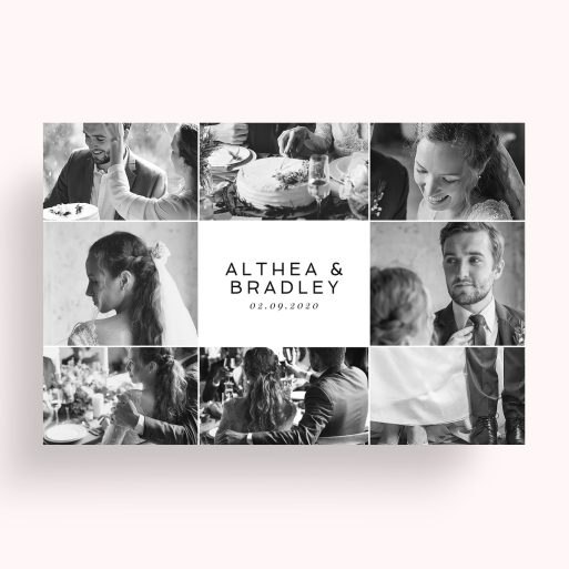 Photo of a personalised photo poster called 'Nuptial Collage'. It is A4 in size, in a Landscape orientation. It has space for 8 photos.
