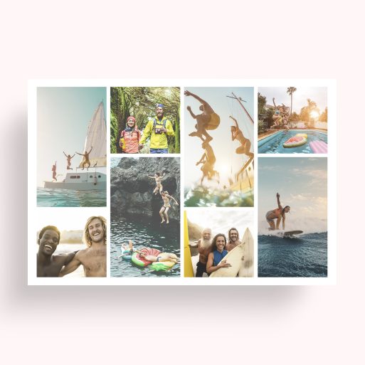 Photo of a personalised photo poster called 'Shutter Montage'. It is A4 in size, in a Landscape orientation. It has space for 8 photos.