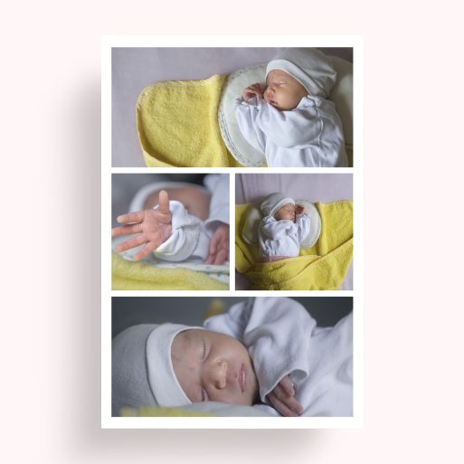 Photo of a personalised photo poster called 'Blossoming Memories'. It is A4 in size, in a Portrait orientation. It has space for 4 photos.
