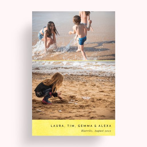 Photo of a personalised photo poster called 'Bright Yellow'. It is A4 in size, in a Portrait orientation. It has space for 2 photos.