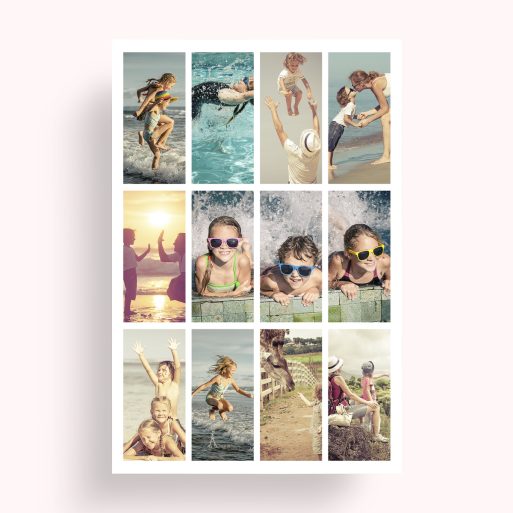Photo of a personalised photo poster called 'Cinematic Snapshot'. It is A4 in size, in a Portrait orientation. It has space for 12 photos.