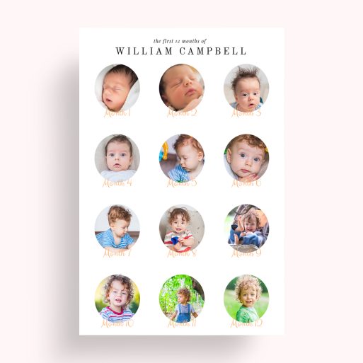 Photo of a personalised photo poster called 'Month by Month'. It is A4 in size, in a Portrait orientation. It has space for 12 photos.