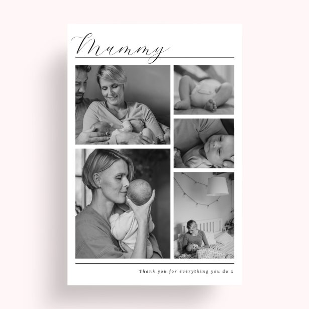 Photo of a personalised photo poster called 'Mother’s Quintessence'. It is A4 in size, in a Portrait orientation. It has space for 5 photos.