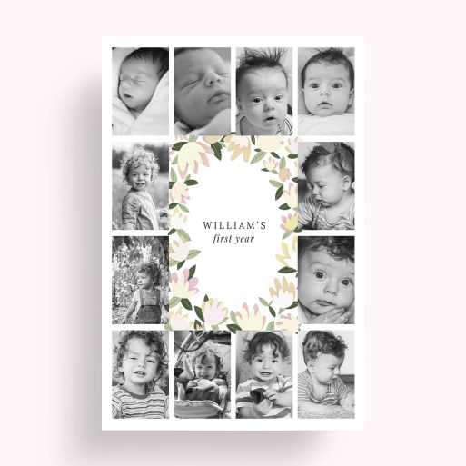 Photo of a personalised photo poster called 'My first year'. It is A4 in size, in a Portrait orientation. It has space for 12 photos.