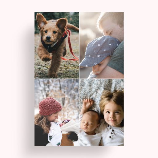 Photo of a personalised photo poster called 'Quad'. It is A4 in size, in a Portrait orientation. It has space for 4 photos.