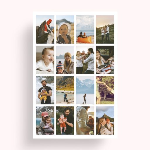 Photo of a personalised photo poster called 'Spectrum of Moments'. It is A4 in size, in a Portrait orientation. It has space for 16 photos.