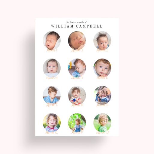 Photo of a personalised photo poster called 'Month by Month'. It is A2 in size, in a Portrait orientation. It has space for 12 photos.