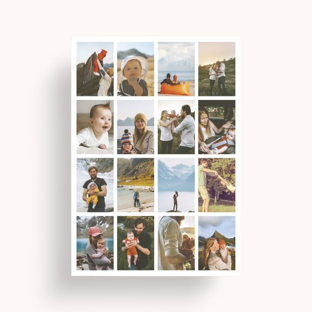 Photo of a personalised photo poster called 'Spectrum of Moments'. It is A2 in size, in a Portrait orientation. It has space for 16 photos.