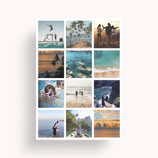 Photo of a personalised photo poster called 'Holiday Keepsake'. It is A4 in size, in a Portrait orientation. It has space for 12 photos.