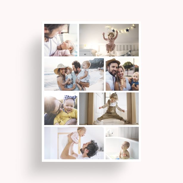 Photo of a personalised photo poster called 'Playful Memories'. It is A4 in size, in a Portrait orientation. It has space for 8 photos.