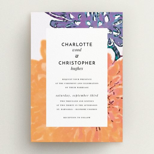 A personalised wedding invitation named "A delivery of spring". It is an A5 invite in a portrait orientation. "A delivery of spring" is available as a flat invite, with tones of orange, purple and lilac.