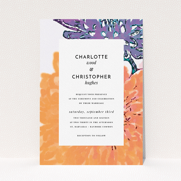 A personalised wedding invitation named "A delivery of spring". It is an A5 invite in a portrait orientation. "A delivery of spring" is available as a flat invite, with tones of orange, purple and lilac.