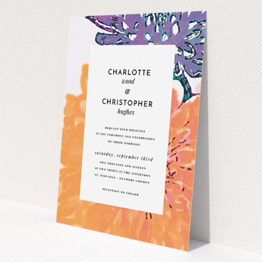 A personalised wedding invitation named 'A delivery of spring'. It is an A5 invite in a portrait orientation. 'A delivery of spring' is available as a flat invite, with tones of orange, purple and lilac.